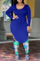 Blue Casual Solid Basic U Neck Long Sleeve Plus Size Dresses
