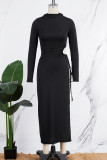 White Sexy Elegant Solid Hollowed Out Patchwork Draw String Asymmetrical O Neck Long Sleeve Dresses