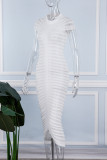 White Elegant Solid Patchwork See-through Fold Half A Turtleneck Wrapped Skirt Dresses