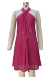 Fuchsia Sexy Patchwork Sequins Backless Halter Sleeveless Dress Dresses