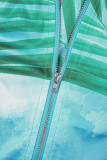 Green Sexy Elegant Striped Patchwork Printing Zipper Asymmetrical Collar Short Sleeve Two Pieces
