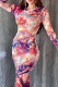 Red Casual Print Backless O Neck Long Sleeve Dresses
