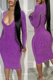 Purple Sexy Elegant Solid Patchwork U Neck Wrapped Skirt Dresses