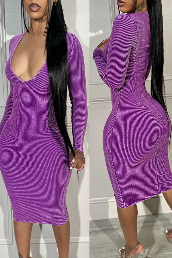 Purple Sexy Elegant Solid Patchwork U Neck Wrapped Skirt Dresses