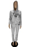 Light Gray Letter Print Basic Hooded Collar Long Sleeve Two Pieces