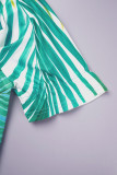 Green Sexy Elegant Striped Patchwork Printing Zipper Asymmetrical Collar Short Sleeve Two Pieces