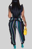 Yellow Sexy Striped Patchwork Contrast Zipper Stringy Selvedge O Neck Plus Size Jumpsuits