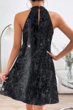 Fuchsia Sexy Patchwork Sequins Backless Halter Sleeveless Dress Dresses