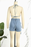 Blue Sexy Casual Solid Bandage Backless Halter Sleeveless Two Pieces