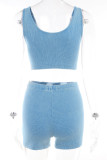 Sky Blue Casual Solid Patchwork Backless U Neck Sleeveless Two Pieces