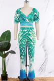 Green Sexy Elegant Striped Patchwork Printing Zipper Asymmetrical Collar Short Sleeve Two Pieces