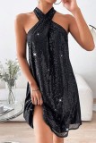 Fuchsia Sexy Patchwork Sequins Backless Halter Sleeveless Dress Dresses