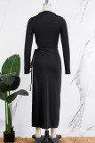 White Sexy Elegant Solid Hollowed Out Patchwork Draw String Asymmetrical O Neck Long Sleeve Dresses
