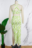 Green Yellow Sexy Print Backless Slit Spaghetti Strap Sleeveless Two Pieces
