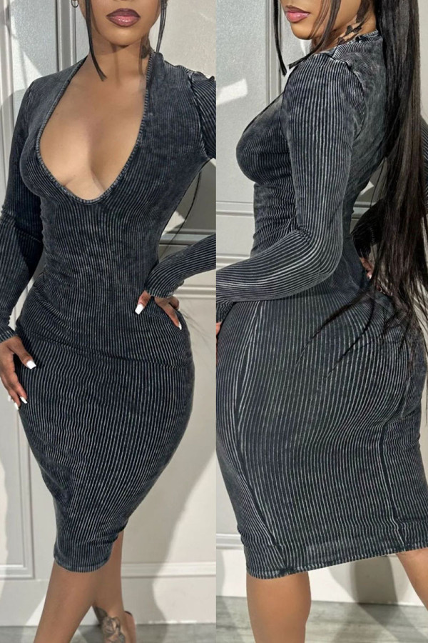 Black Sexy Elegant Solid Patchwork U Neck Wrapped Skirt Dresses