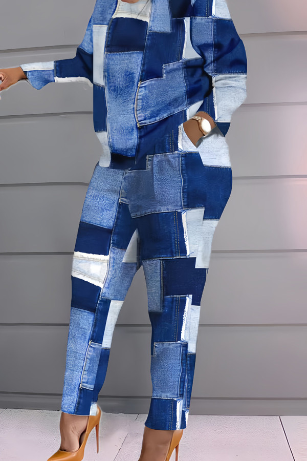 The cowboy blue Casual Plaid Geometric Striped Patchwork Pocket Printing O Neck Long Sleeve Two Pieces