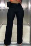 Ink Green Casual Solid Basic Regular High Waist Conventional Solid Color Trousers