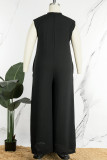 Black Casual Solid Buttons V Neck Plus Size Jumpsuits