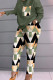 Army Green Casual Plaid Geometric Striped Patchwork Pocket Printing O Neck Long Sleeve Two Pieces