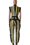 Green Sexy Striped Patchwork Contrast Zipper Stringy Selvedge O Neck Plus Size Jumpsuits