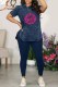 Blue Street Print Letter O Neck Short Sleeve Two Pieces