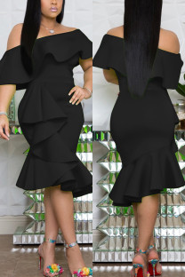 Black Fashion Wrapped Chest Lotus Leaf Collar Irregular Dress