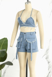 Blue Sexy Casual Solid Bandage Backless Halter Sleeveless Two Pieces