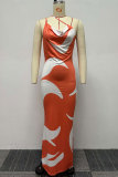 Orange Sexy Daily Elegant Simplicity Mixed Printing Printing Asymmetrical Collar Dresses