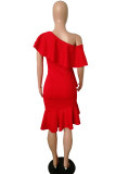 Red Fashion Wrapped Chest Lotus Leaf Collar Irregular Dress