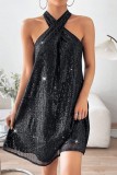 Fuchsia Sexy Patchwork Sequins Backless Halter Sleeveless Dress Dresses