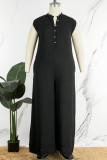 Black Casual Solid Buttons V Neck Plus Size Jumpsuits