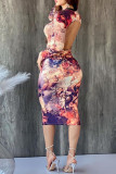 Red Casual Print Backless O Neck Long Sleeve Dresses