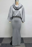 Grey Casual Daily Simplicity Solid Color Hooded Collar Long Sleeve Two Pieces