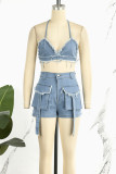 Blue Sexy Casual Solid Bandage Backless Halter Sleeveless Two Pieces