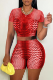 Red Casual Print Patchwork O Neck Short Sleeve Two Pieces