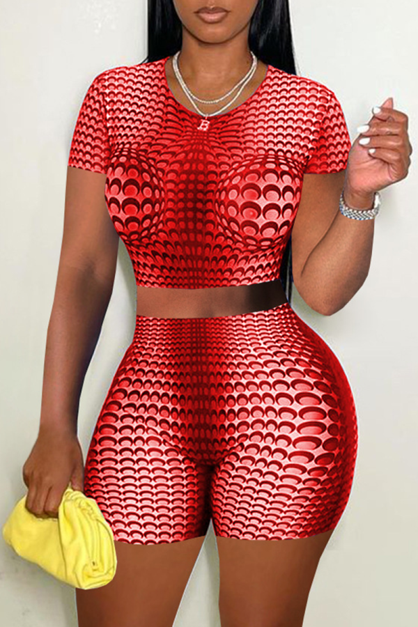 Red Casual Print Patchwork O Neck Short Sleeve Two Pieces