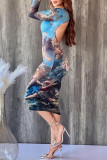 Red Casual Print Backless O Neck Long Sleeve Dresses