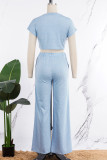 Pink Casual Solid Basic O Neck Short Sleeve Two Pieces