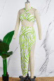Green Yellow Sexy Print Backless Slit Spaghetti Strap Sleeveless Two Pieces