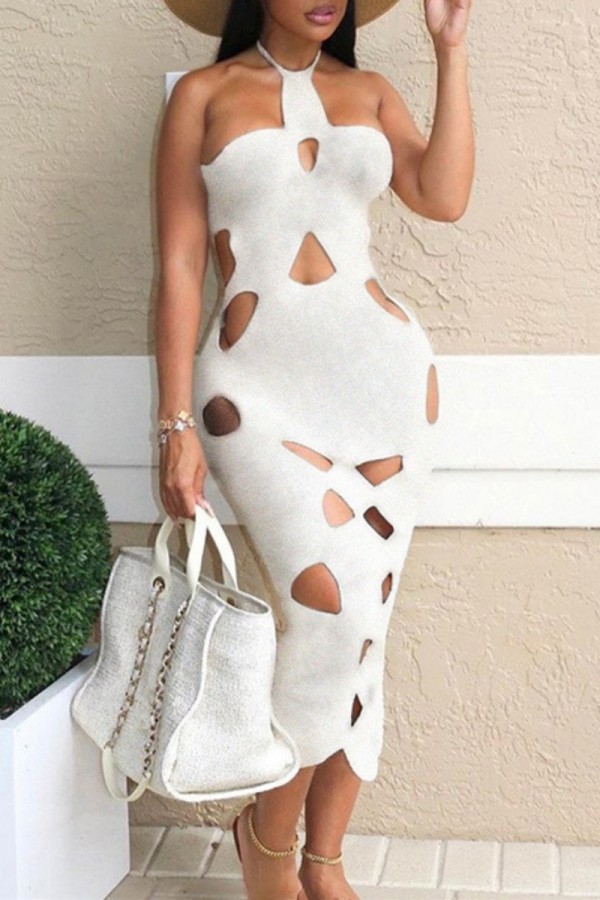 White Sexy Solid Hollowed Out Backless Halter Long Dress Dresses