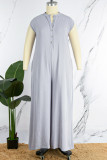 Grey Casual Solid Buttons V Neck Plus Size Jumpsuits