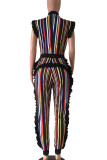 Red Sexy Striped Patchwork Contrast Zipper Stringy Selvedge O Neck Plus Size Jumpsuits