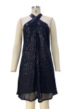 Fuchsia Sexy Patchwork Sequins Backless Halter Sleeveless Dress Dresses