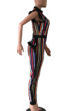Green Sexy Striped Patchwork Contrast Zipper Stringy Selvedge O Neck Plus Size Jumpsuits