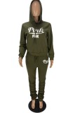 Army Green Letter Print Basic Hooded Collar Long Sleeve Two Pieces