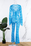 Blue Casual Solid See-through V Neck Skinny Jumpsuits