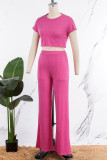 Pink Casual Solid Basic O Neck Short Sleeve Two Pieces