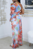 Multicolor Casual Floral Patchwork Fold Oblique Collar Tops(Without Bottoms )