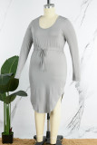 Grey Casual Solid Basic U Neck Long Sleeve Plus Size Dresses