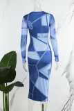 Blue Street Geometric Patchwork Slit O Neck One Step Skirt Dresses
